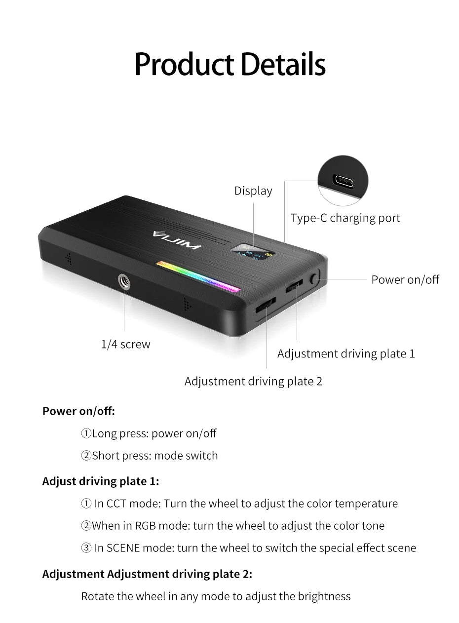 VIJIM VL196 RGB LED Video Light 2500K-9000K Dimmable Fill Light for DSLR Camera Light Smartphone Vlog Lamp Photography Lighting
