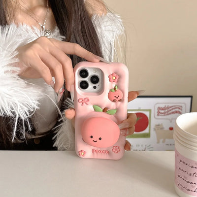 Cute Cartoon Pink Peach Stand Phone Case for IPhone 16 15 14 13Pro Max Plus Shockproof Silicone Soft Anti-drop Protective Cover
