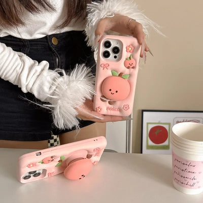 Cute Cartoon Pink Peach Stand Phone Case for IPhone 16 15 14 13Pro Max Plus Shockproof Silicone Soft Anti-drop Protective Cover