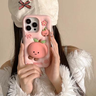 Cute Cartoon Pink Peach Stand Phone Case for IPhone 16 15 14 13Pro Max Plus Shockproof Silicone Soft Anti-drop Protective Cover