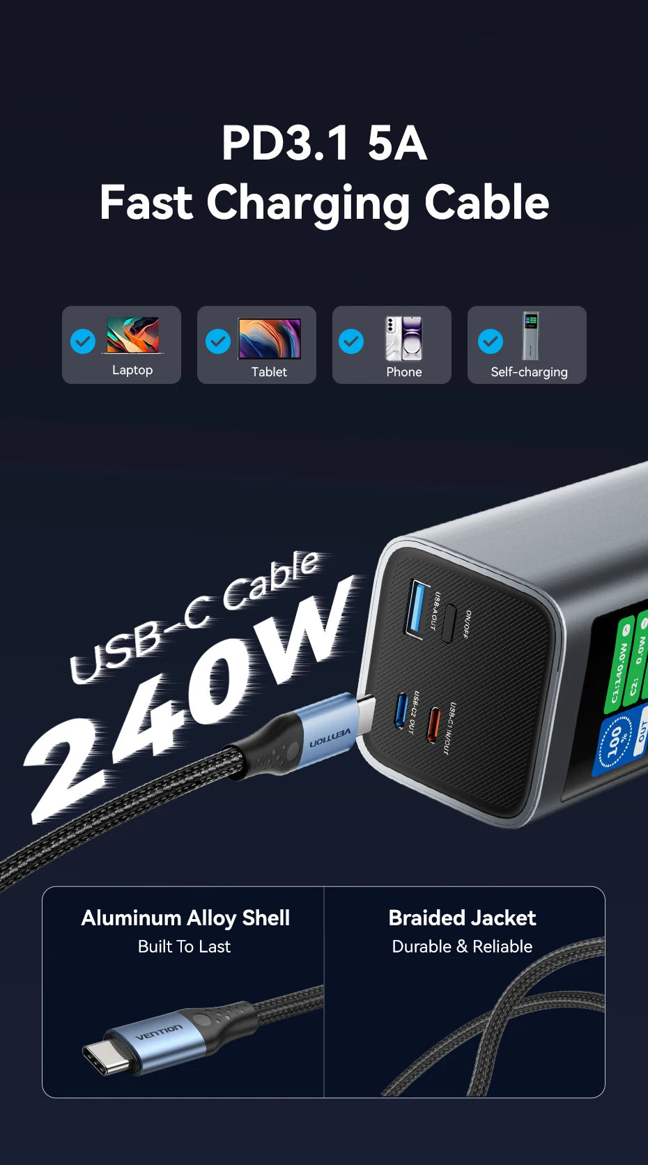 Vention 27000mAh Power Bank Portable 140W PD External Battery PowerBank for iPad Xiaomi Laptop Notebook Macbook Pro Fast Charge