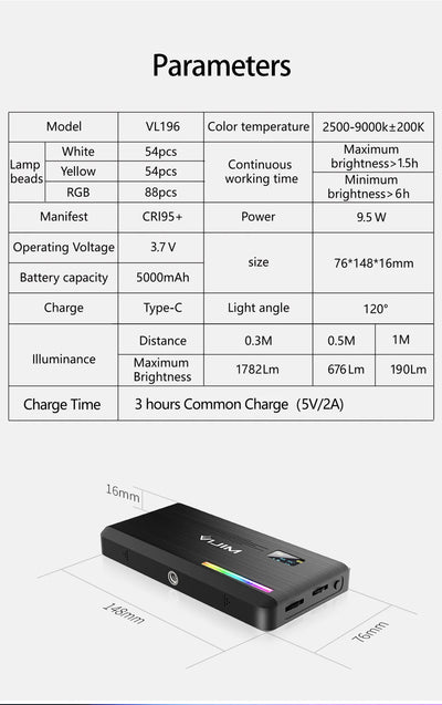 VIJIM VL196 RGB LED Video Light 2500K-9000K Dimmable Fill Light for DSLR Camera Light Smartphone Vlog Lamp Photography Lighting