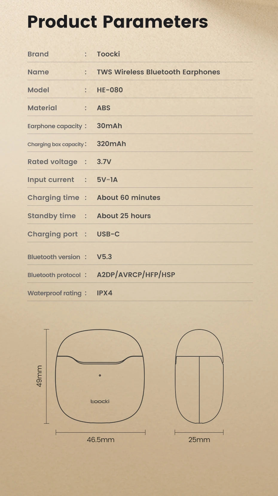 Toocki Wireless Bluetooth Headphones TWS BT5.3 Earphones IPX4 Waterproof Mini Earbuds For Xiaomi Huawei Redmi iPhone 14 15 16