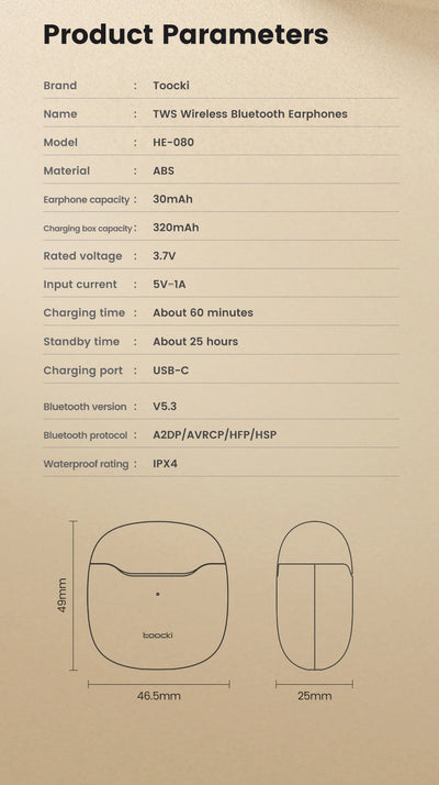Toocki Wireless Bluetooth Headphones TWS BT5.3 Earphones IPX4 Waterproof Mini Earbuds For Xiaomi Huawei Redmi iPhone 14 15 16
