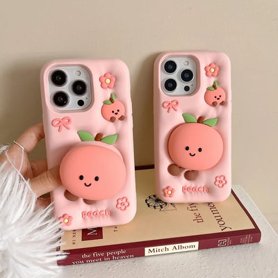 Cute Cartoon Pink Peach Stand Phone Case for IPhone 16 15 14 13Pro Max Plus Shockproof Silicone Soft Anti-drop Protective Cover