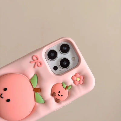 Cute Cartoon Pink Peach Stand Phone Case for IPhone 16 15 14 13Pro Max Plus Shockproof Silicone Soft Anti-drop Protective Cover