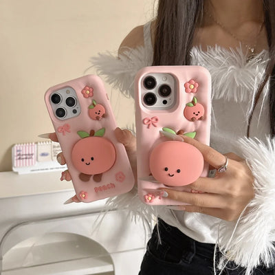 Cute Cartoon Pink Peach Stand Phone Case for IPhone 16 15 14 13Pro Max Plus Shockproof Silicone Soft Anti-drop Protective Cover