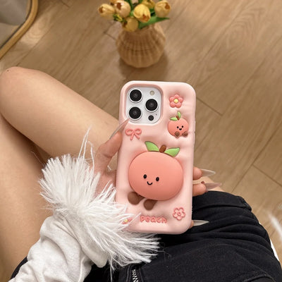 Cute Cartoon Pink Peach Stand Phone Case for IPhone 16 15 14 13Pro Max Plus Shockproof Silicone Soft Anti-drop Protective Cover