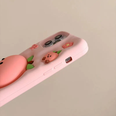 Cute Cartoon Pink Peach Stand Phone Case for IPhone 16 15 14 13Pro Max Plus Shockproof Silicone Soft Anti-drop Protective Cover