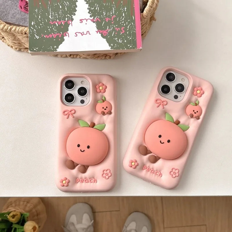 Cute Cartoon Pink Peach Stand Phone Case for IPhone 16 15 14 13Pro Max Plus Shockproof Silicone Soft Anti-drop Protective Cover
